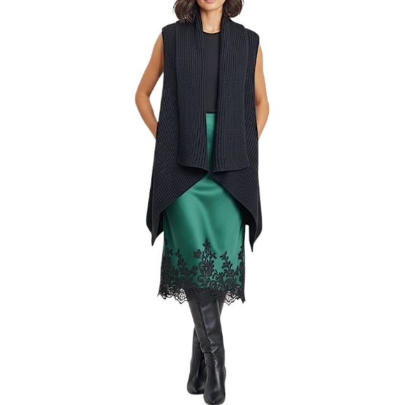 DKR black pure cotton waterfall sleeveless open front cardigan sweater vest M - Picture 2 of 11